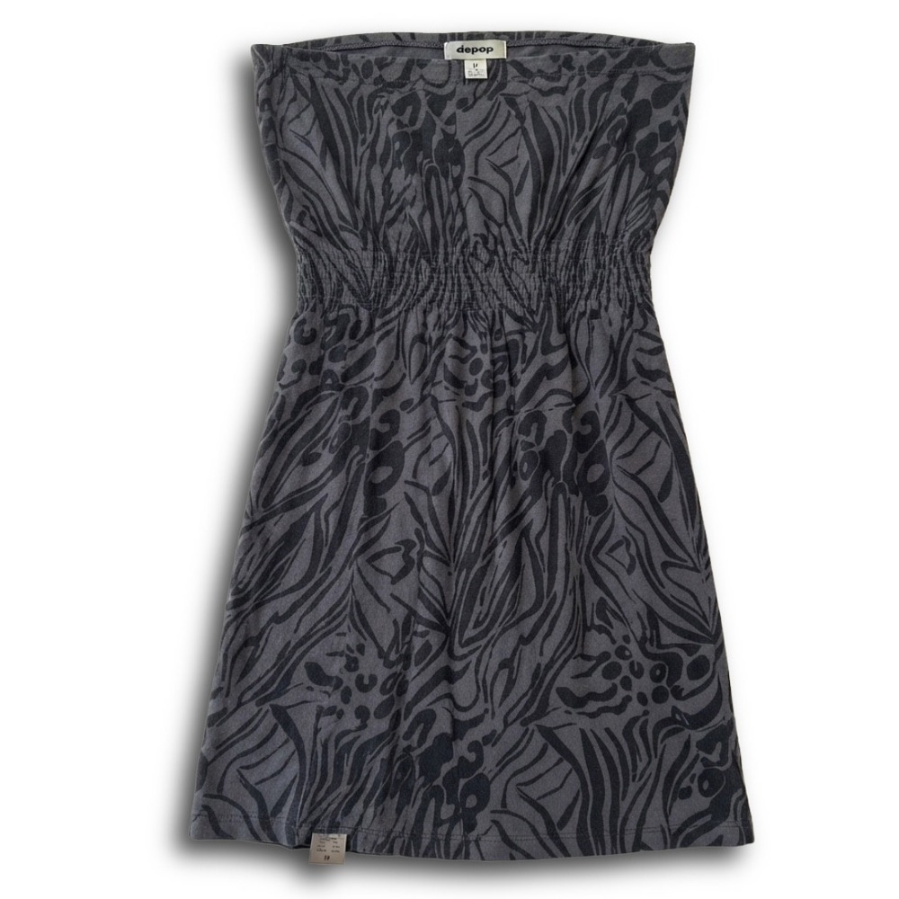 Billabong Womens Strapless Smocked Mini Dress Animal Print Charcoal Grey Large